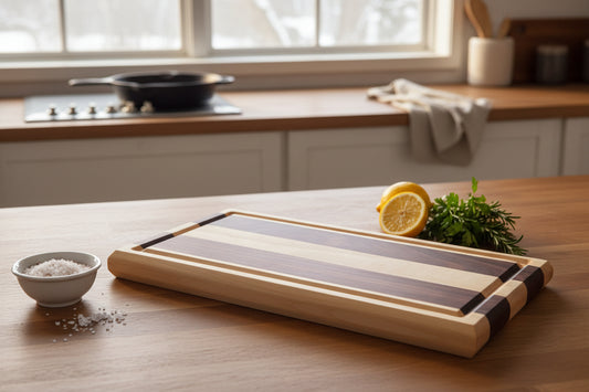 Wooden cutting board with striped pattern on a dark surface