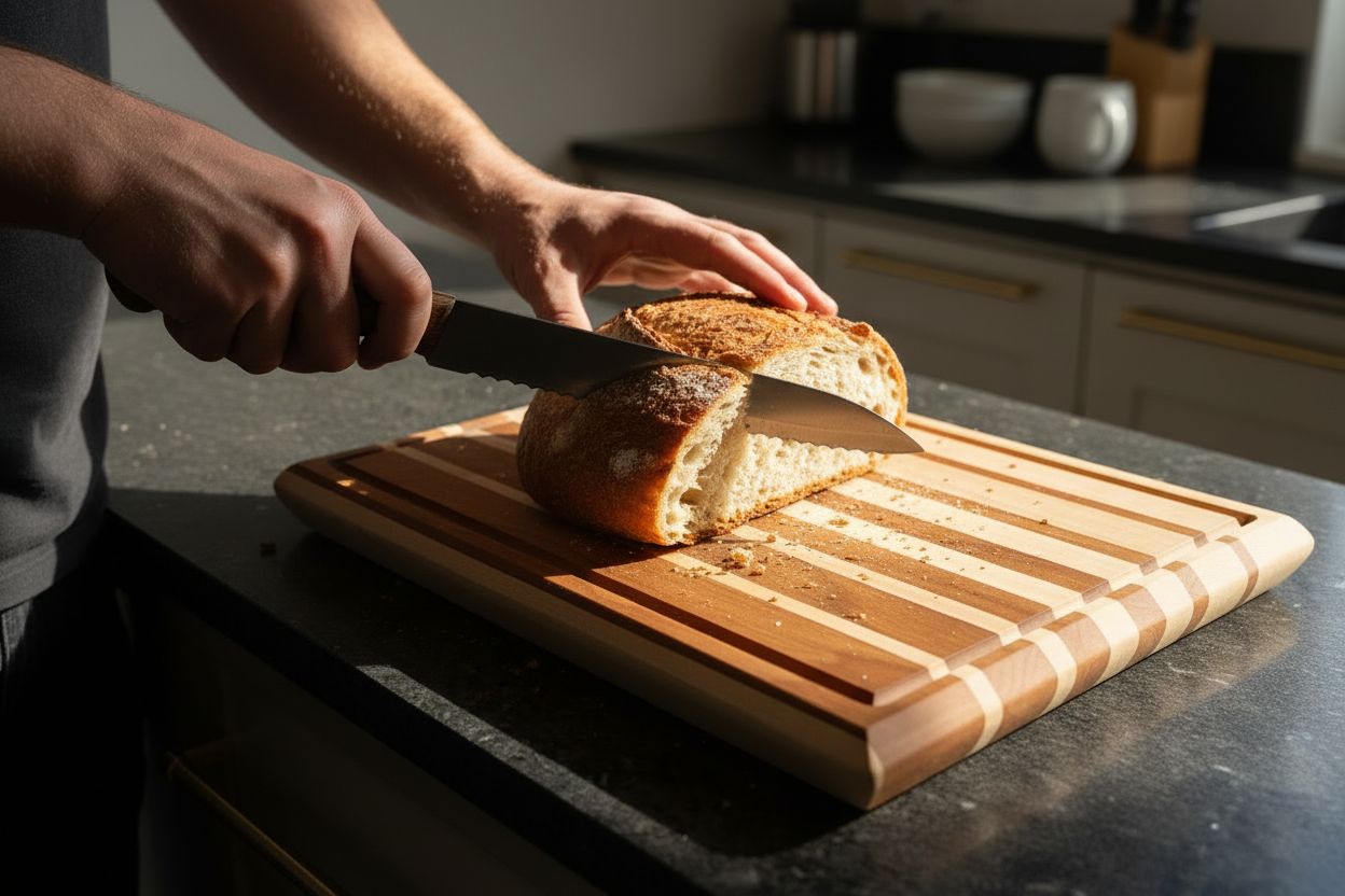 Person slicing bread on a wooden cutting board in a kitchen.