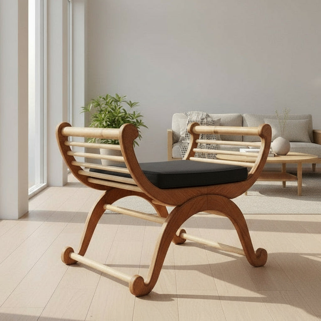 MONA  chair with a black cushion in a modern living room.