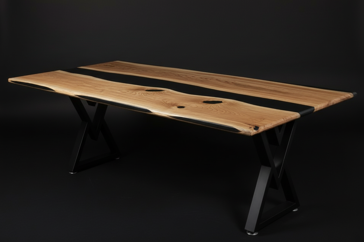 STRØM river coffee table with dark epoxy resin and live edge oak on black steel legs in dark studio