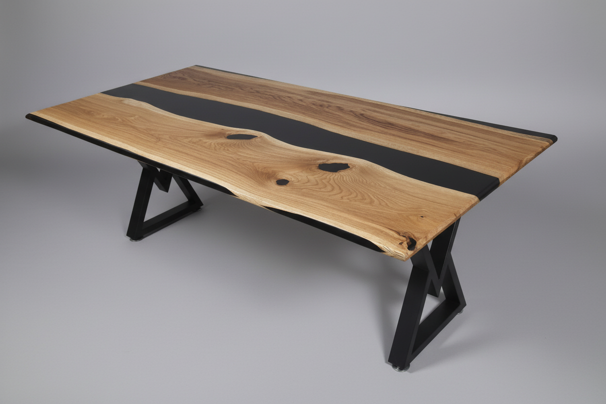 STRØM river coffee table with dark epoxy resin and live edge oak on black steel legs in a studio room