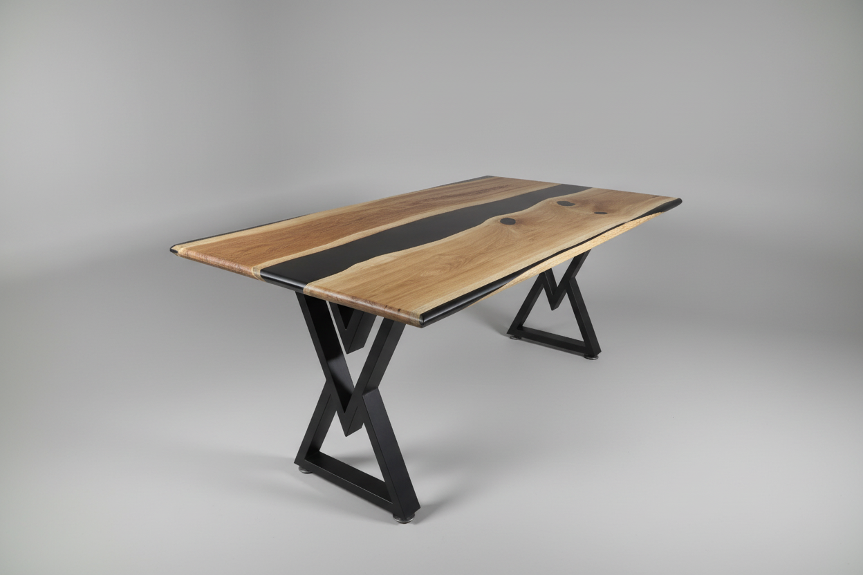 STRØM river coffee table with dark epoxy resin and live edge oak on black steel legs