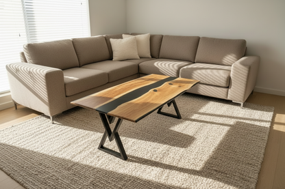 STRØM river coffee table with dark epoxy resin and live edge oak on black steel legs in modern living room