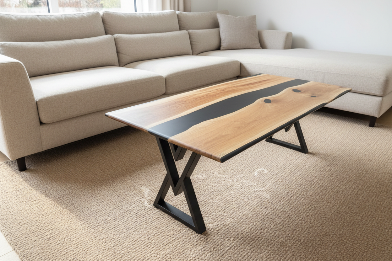 STRØM river coffee table with dark epoxy resin and live edge oak on black steel legs in modern living room