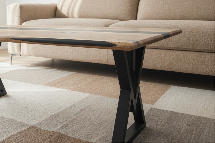 STRØM river coffee table with dark epoxy resin and live edge oak on black steel legs in modern living room