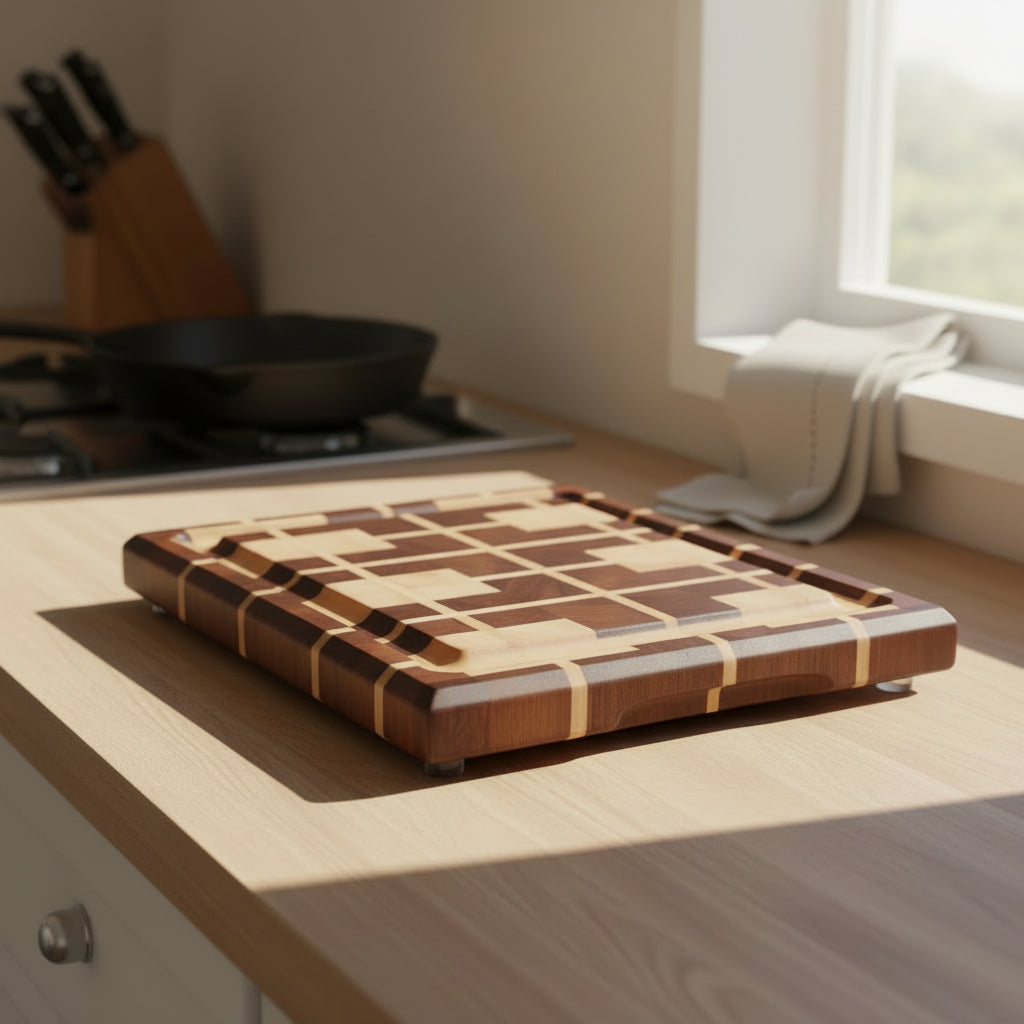 Wooden cutting board with grid pattern