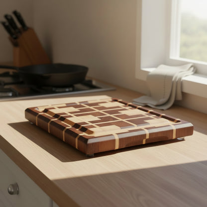 Wooden cutting board with grid pattern