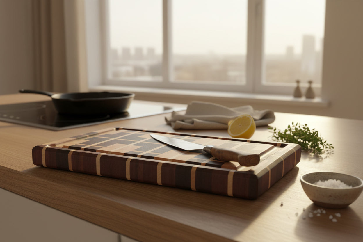 Knife on a cutting board with a geometric pattern
