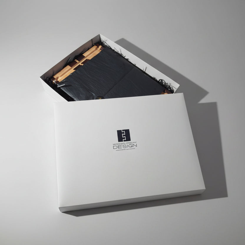 Cutting board In a White box with a logo