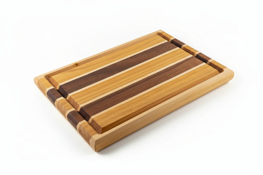 Wooden cutting board with striped pattern on a white background
