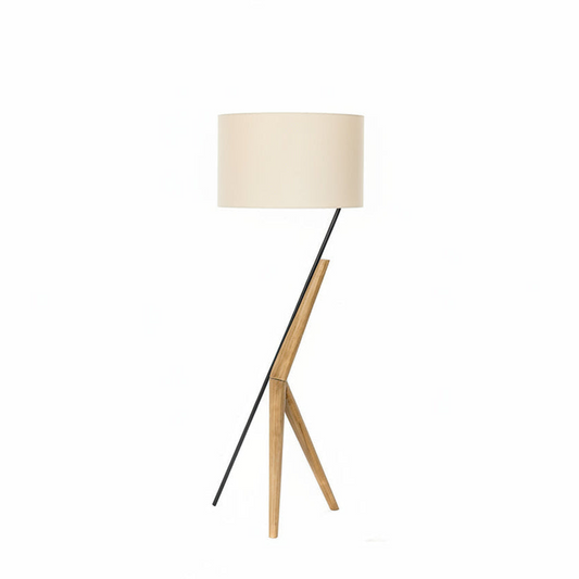 Floor lamp with a white shade and wooden legs on a white background