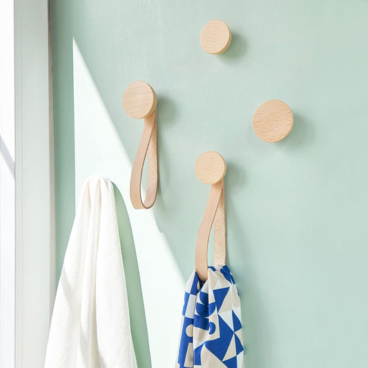 Beech Wood Wall Hook set of 2 with Leather Strap-1