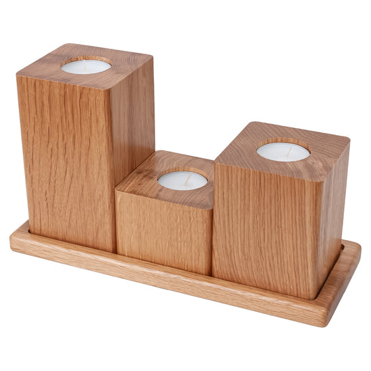 Wooden candle holder with three square candle holders on a matching base