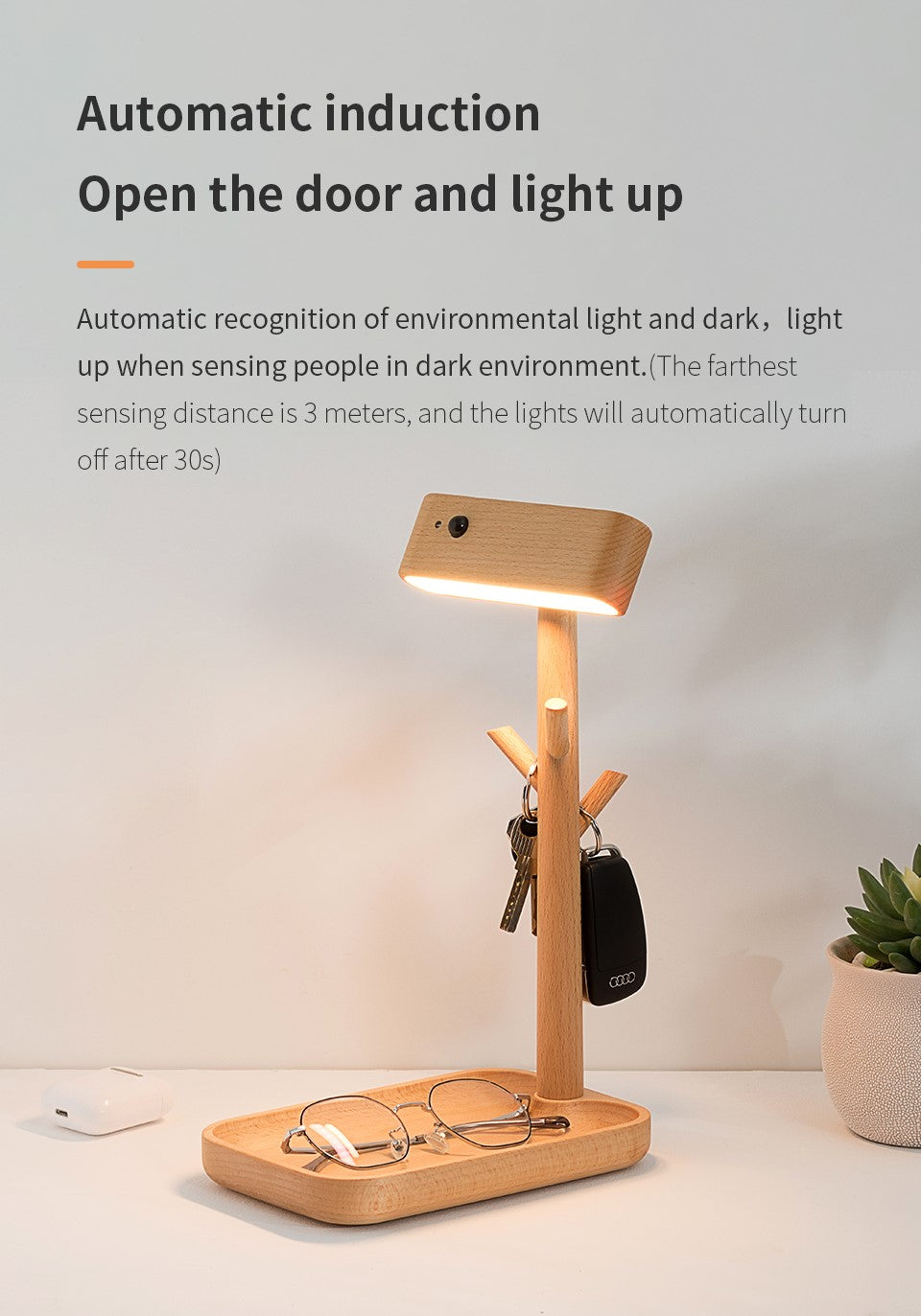 Magnetic Solid Wood Wall Light with Shelf-2