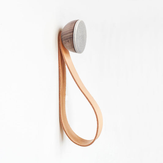 Round Walnut Wall Hook – Grey Ceramic & Leather Strap-0
