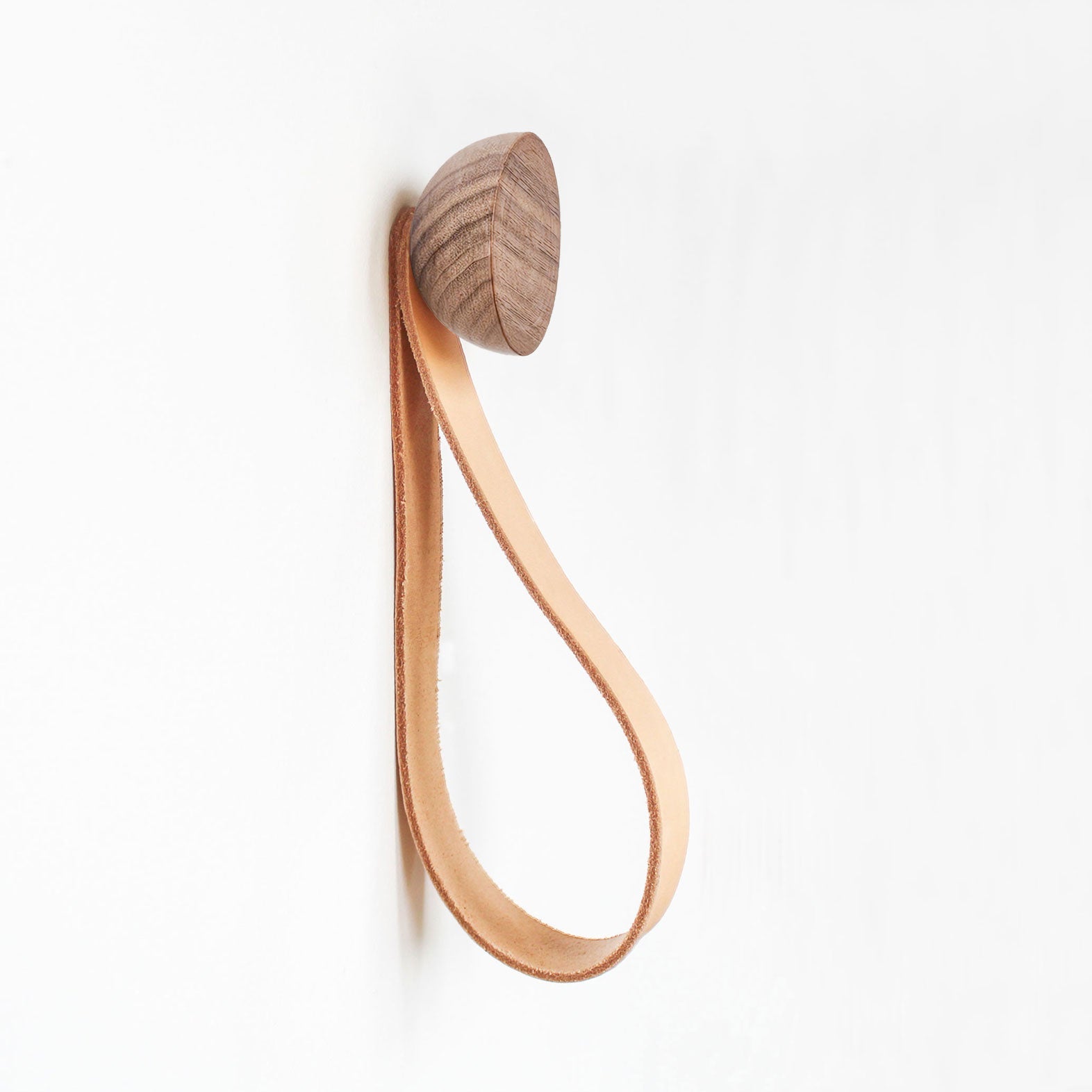 Round Walnut Wood Wall Mounted Coat Hook / Hanger with Leather Strap-0